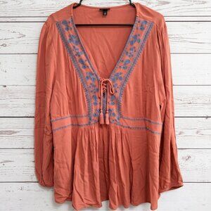 Torrid Size 2 Plus Size Rust Embroidered Boho Lace Up Tassel Long Sleeve Top